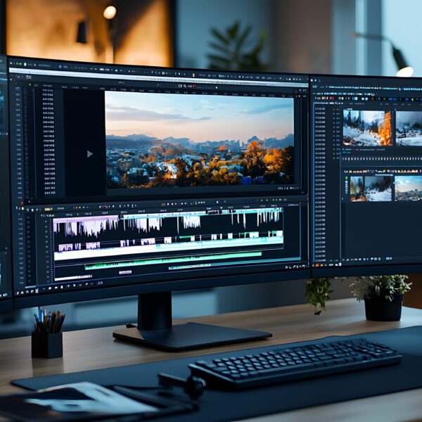 semi close-up of a video editor's desk with high-resolution stock footage on a computer screen, various clips displayed, professional editing software interface, warm lighting creating a focused